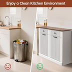 Double Tilt Out Trash Can Cabinet 20 Gallon Large Wooden, Free Standing Laundry Sorter with 2 Hideaway Drawer, 2 Doors Recycling Trash Can Storage for Kitchen (White, 20 Gallon)