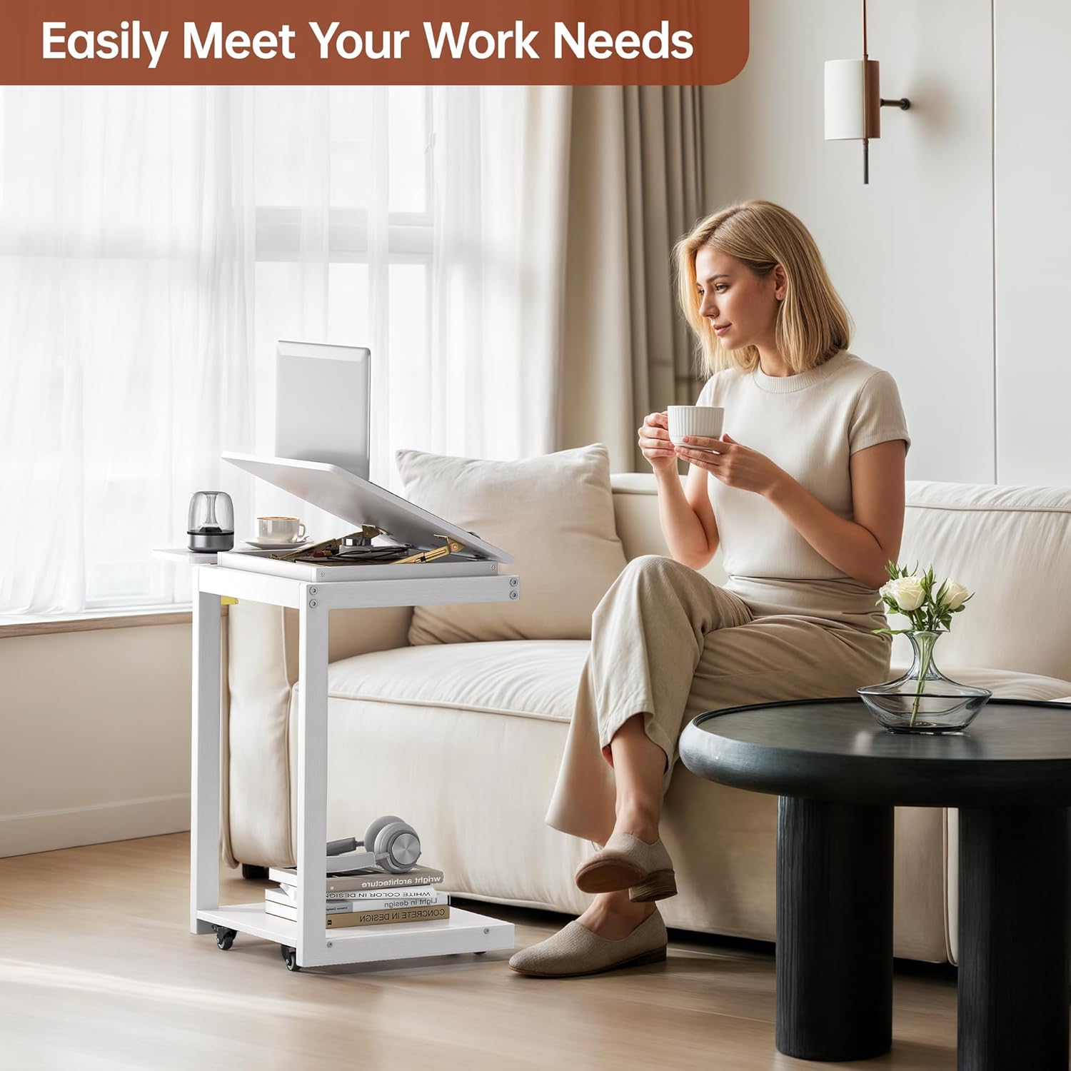 C Shaped End Table, Rolling Side Table with 4-Way Convertible Desktop, Wooden C Table with Multi-Functional Folding Tray & Small Chair, Side Table for Couch, Living Room, Bedroom, White