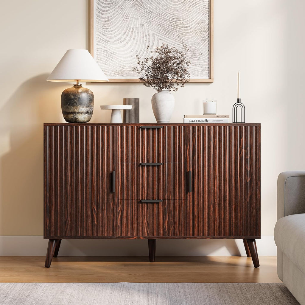 47" Walnut Sideboard Buffet Cabinet with 3 Drawers, Fluted Modern Buffet Cabinet with Storage, 2 Doors Sideboard Cabinets Accent Credenza for Dining Room|Living Room|Entryway