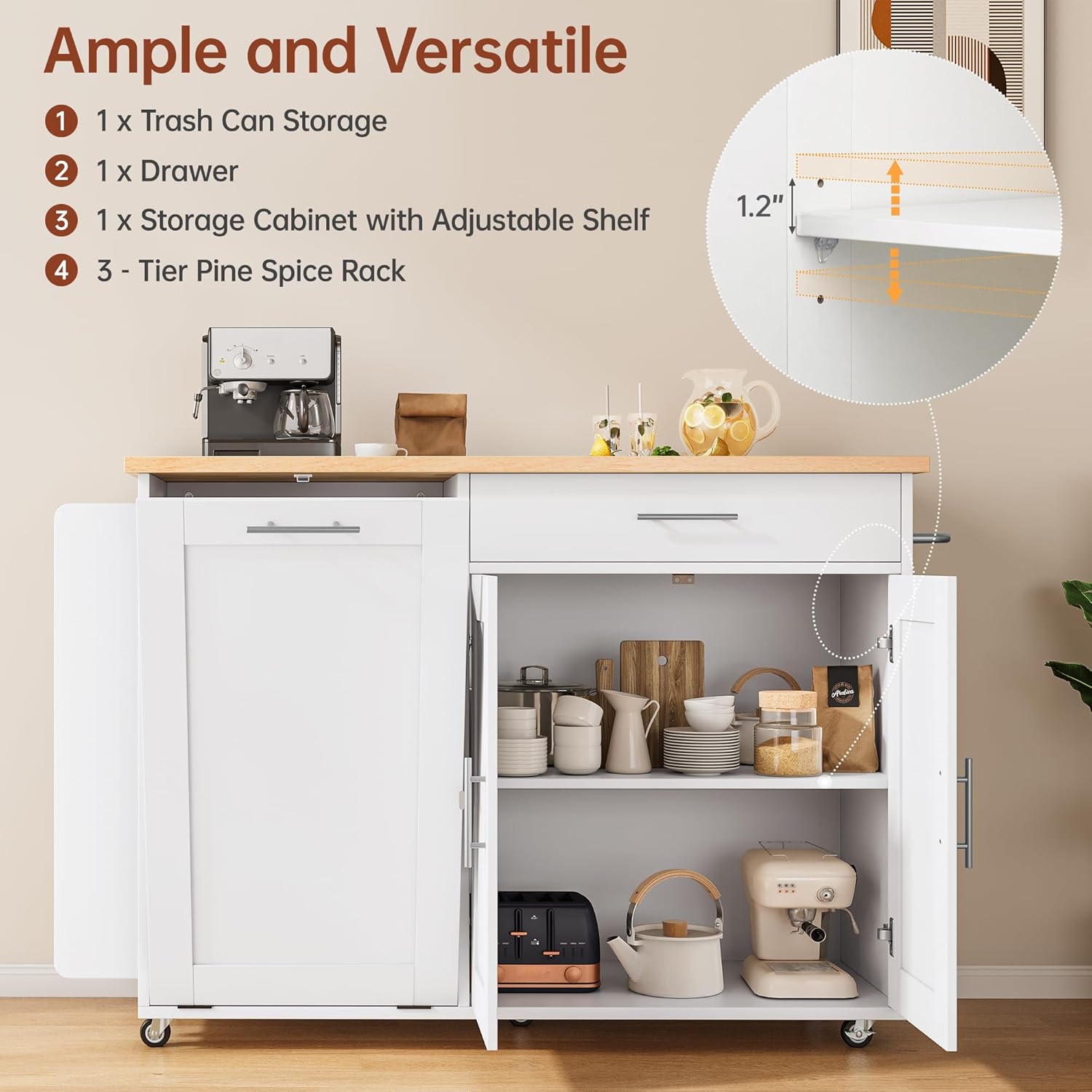 Rolling Kitchen Island with Hidden Trash Can Storage, Kitchen Island on Wheels with Storage, 3-Tier Spice Rack, Towel Rack&Drawer, Mobile Portable Island for Kitchen, White