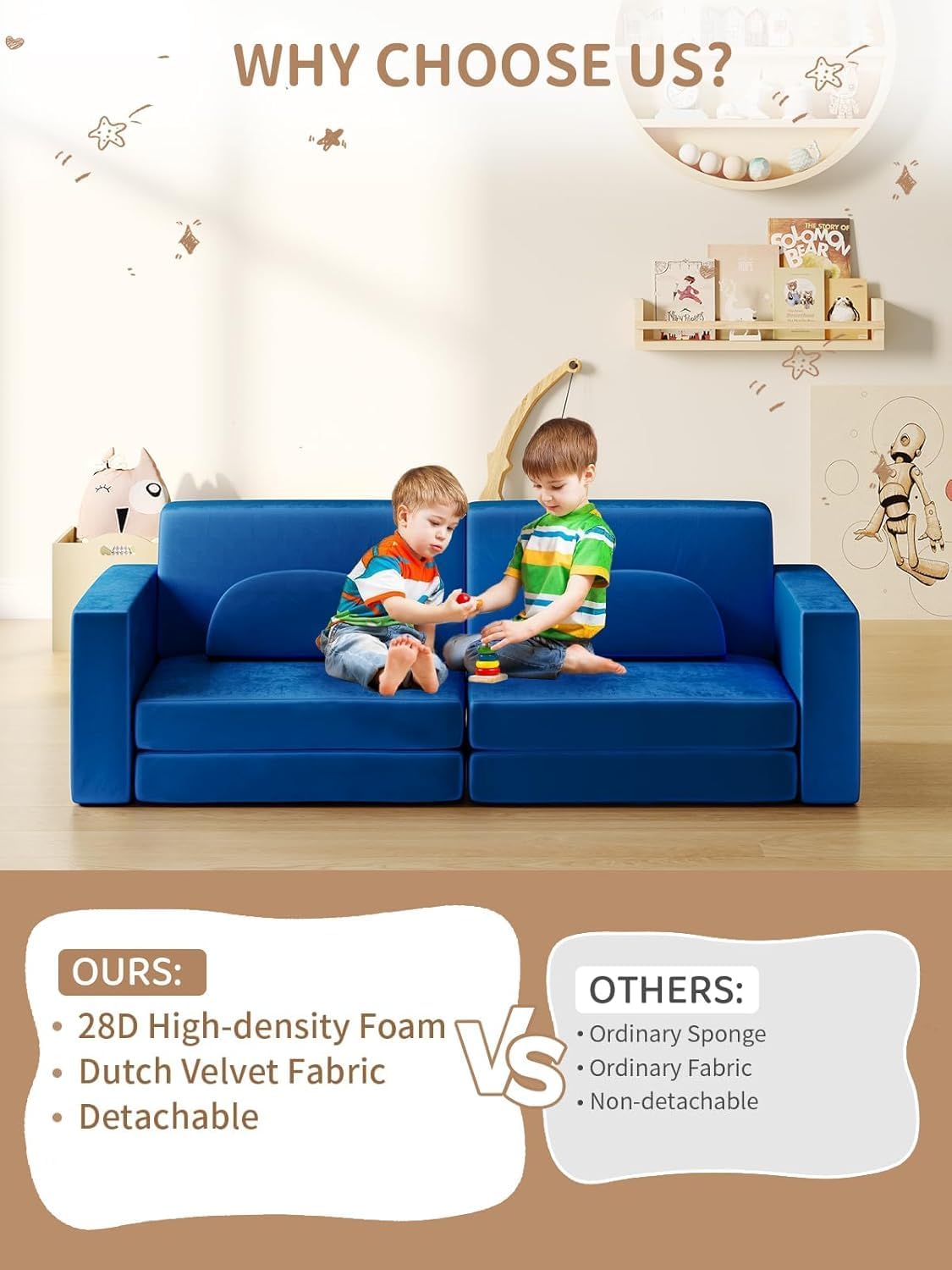 Modular Kids Play Couch, 10PCS Nugget Couch Kids for Boys and Girls, Child Sectional Sofa Versatile Kid Sofa for Playroom, Bedroom, Classroom, Navy Blue