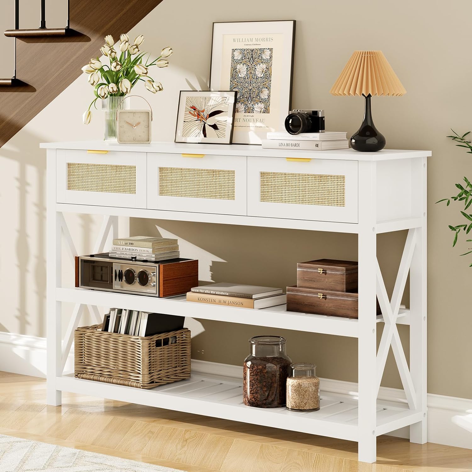 47.2" Modern Console Table with 3 Rattan Drawers, Entryway Table with 3-Tier Storage Shelves, Narrow Long Sofa Table for Entryway, Hallway, Foyer and Living Room, White