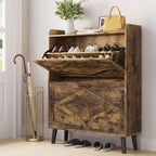Shoe Storage Cabinet with 2 Flip Drawers, Farmhouse Narrow Shoe Cabinet for Entryway, Slim Shoe Organizer Cabinet with Wood Legs, Rustic Brown