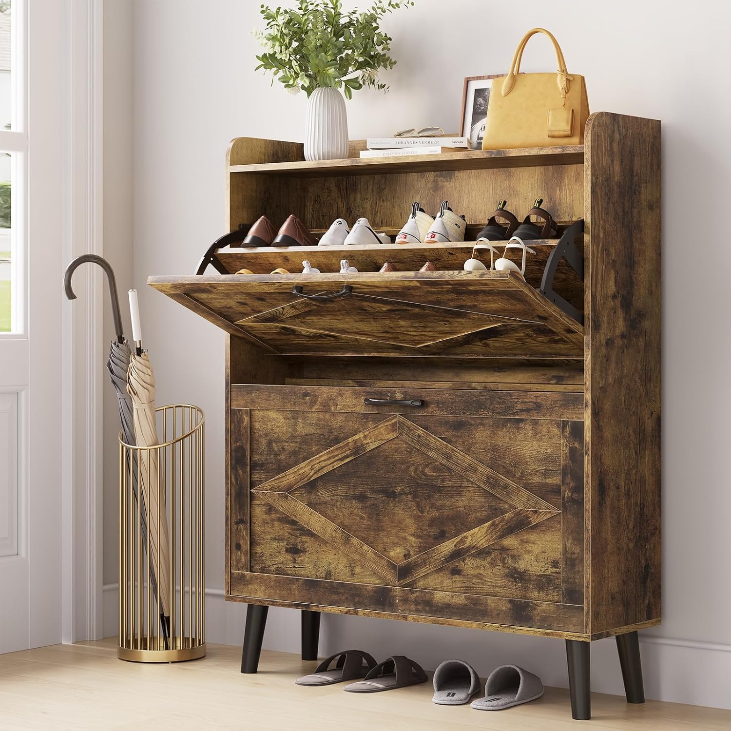 Shoe Storage Cabinet with 2 Flip Drawers, Farmhouse Narrow Shoe Cabinet for Entryway, Slim Shoe Organizer Cabinet with Wood Legs, Rustic Brown