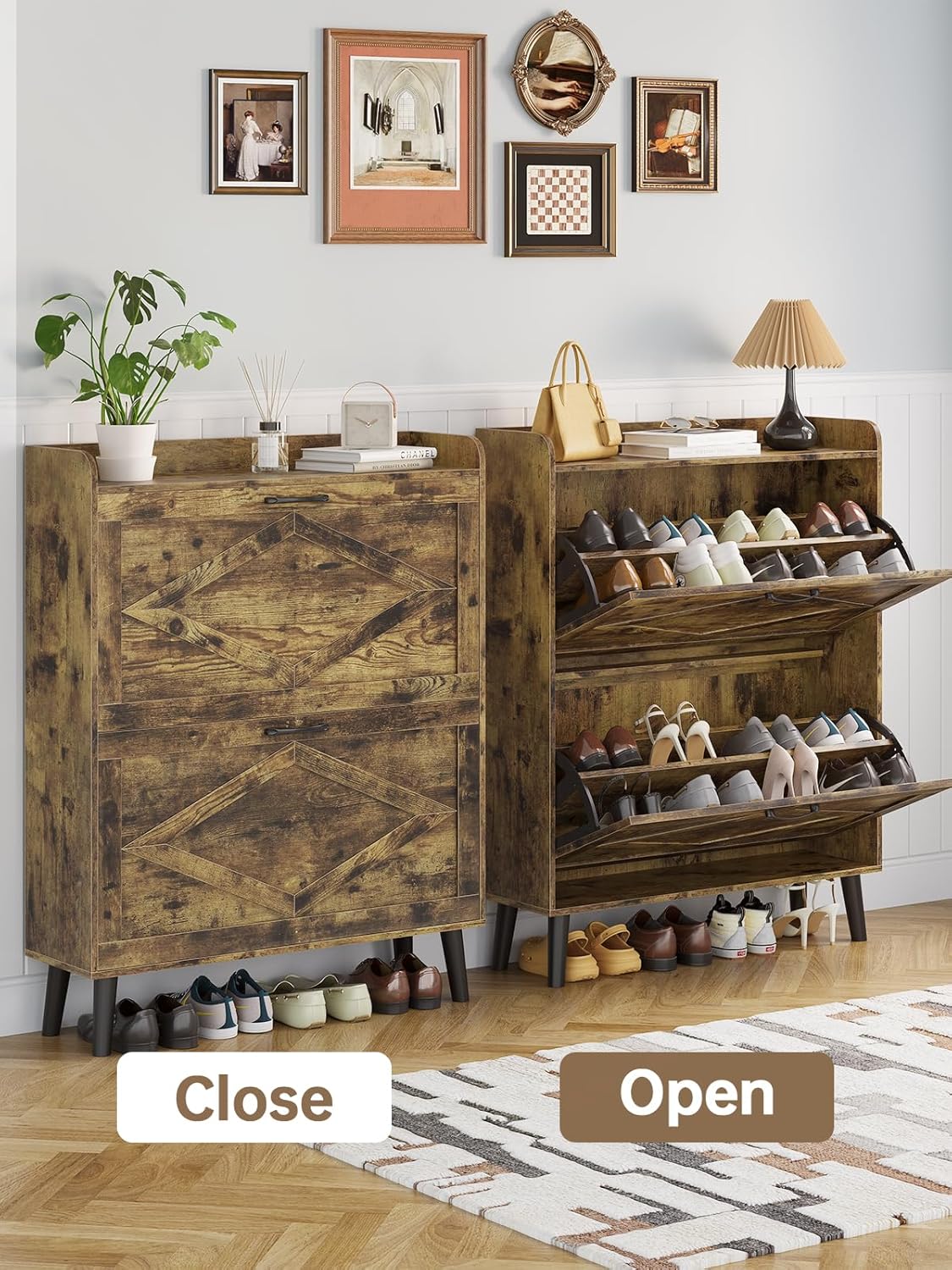 Shoe Storage Cabinet with 2 Flip Drawers, Farmhouse Narrow Shoe Cabinet for Entryway, Slim Shoe Organizer Cabinet with Wood Legs, Rustic Brown