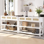47.2" Modern Console Table with 3 Rattan Drawers, Entryway Table with 3-Tier Storage Shelves, Narrow Long Sofa Table for Entryway, Hallway, Foyer and Living Room, White