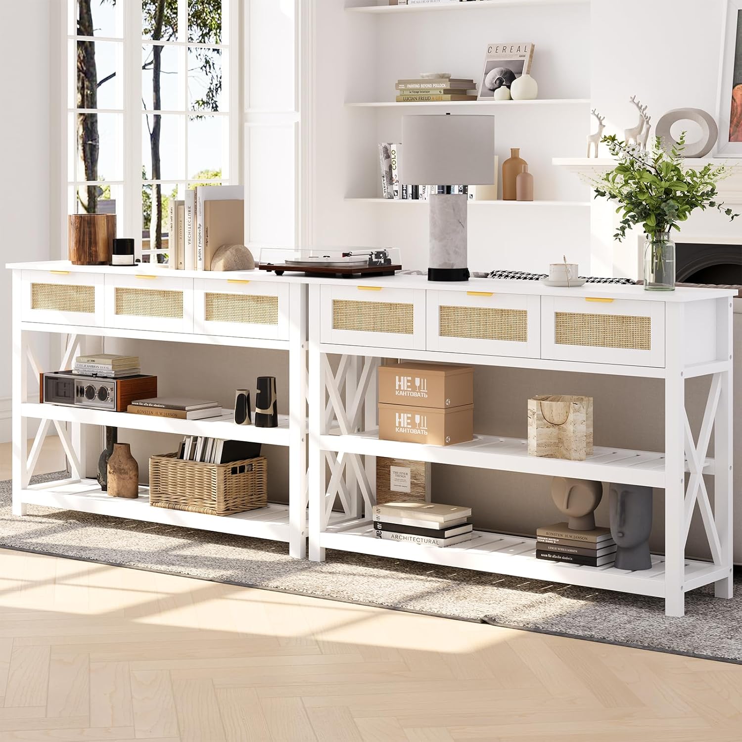 47.2" Modern Console Table with 3 Rattan Drawers, Entryway Table with 3-Tier Storage Shelves, Narrow Long Sofa Table for Entryway, Hallway, Foyer and Living Room, White