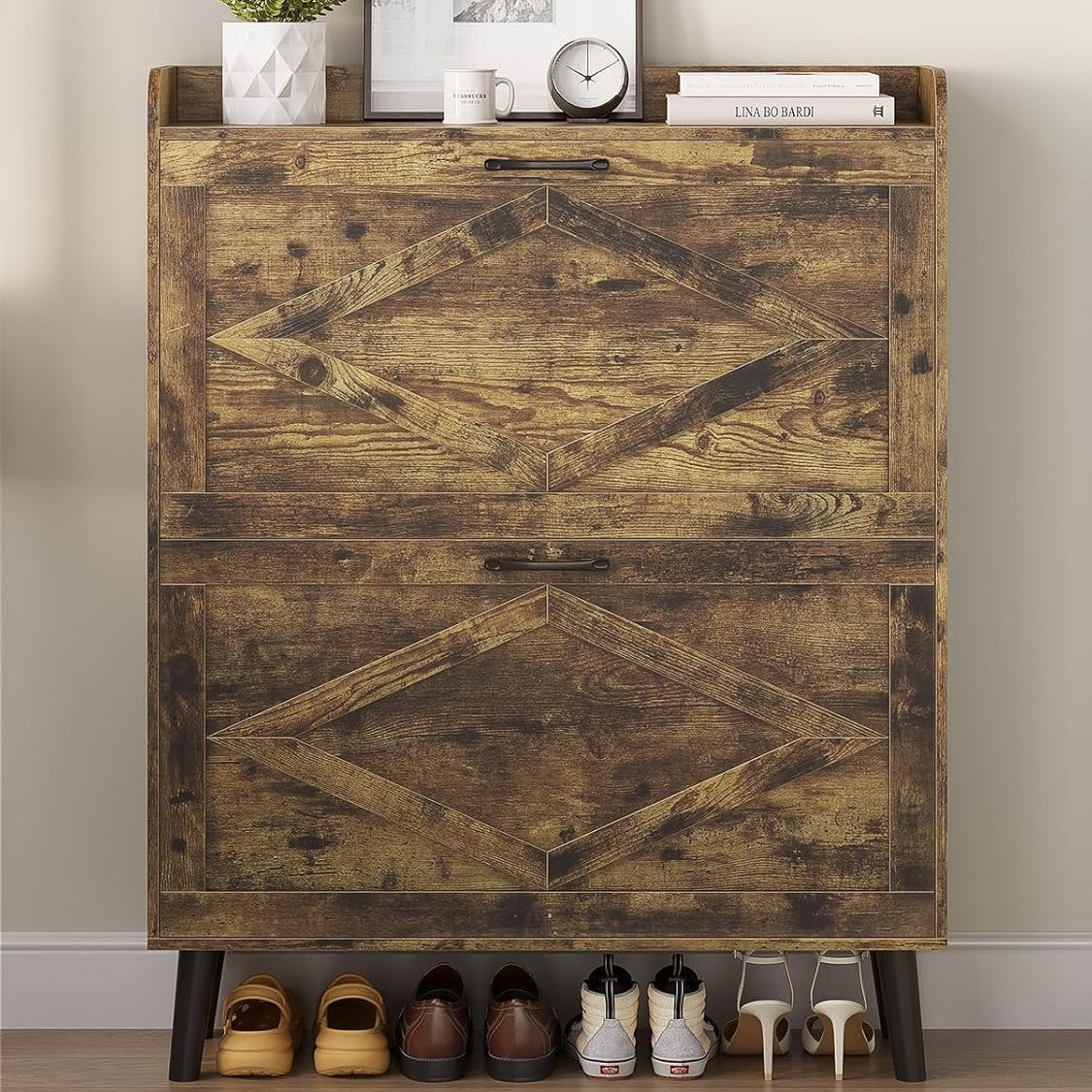 Shoe Storage Cabinet with 2 Flip Drawers, Farmhouse Narrow Shoe Cabinet for Entryway, Slim Shoe Organizer Cabinet with Wood Legs, Rustic Brown