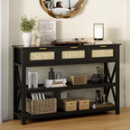 47.2" Modern Console Table with 3 Rattan Drawers, Entryway Table with 3-Tier Storage Shelves, Narrow Long Sofa Table for Entryway, Hallway, Foyer and Living Room, Black
