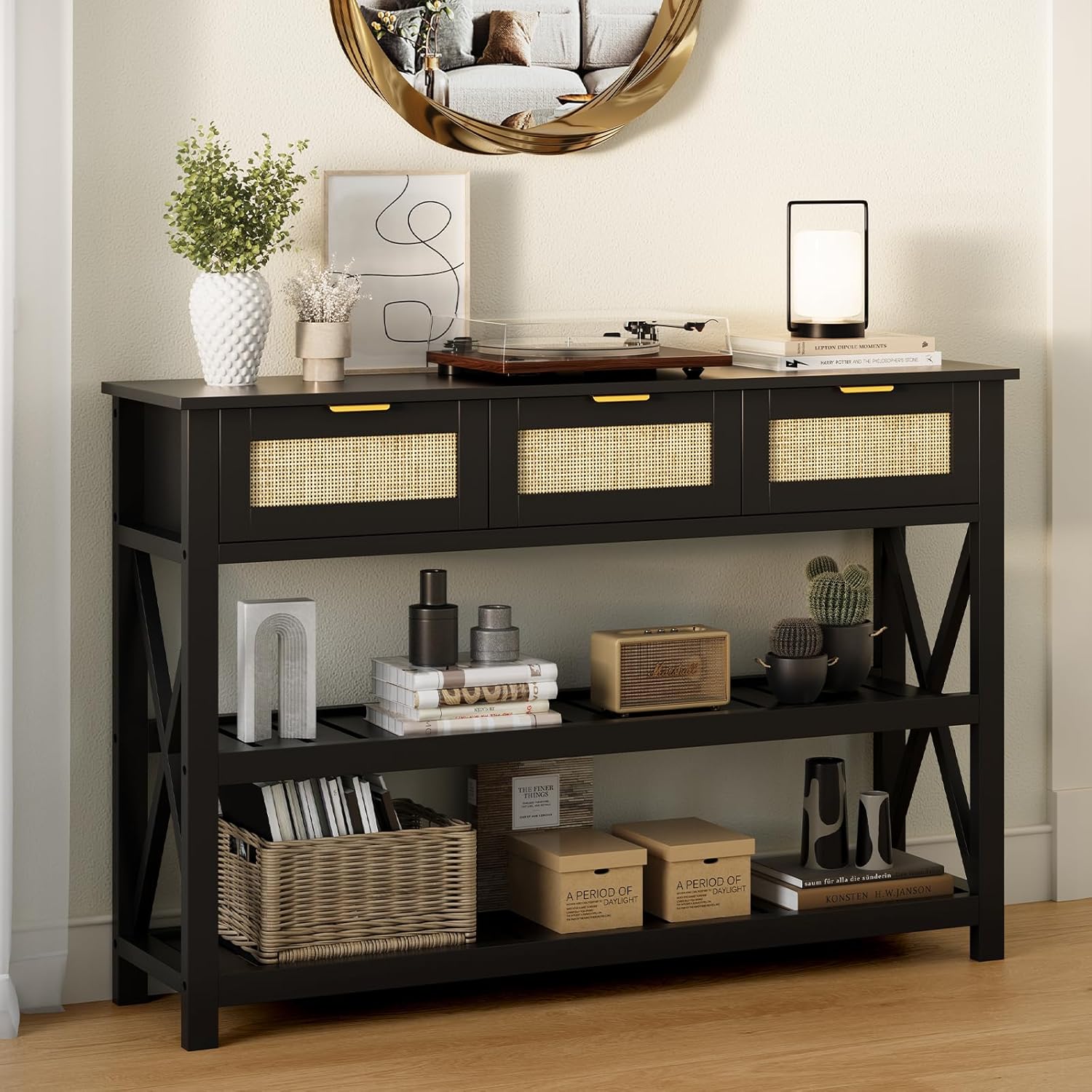 47.2" Modern Console Table with 3 Rattan Drawers, Entryway Table with 3-Tier Storage Shelves, Narrow Long Sofa Table for Entryway, Hallway, Foyer and Living Room, Black