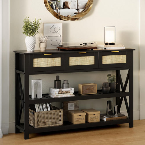 47.2" Modern Console Table with 3 Rattan Drawers, Entryway Table with 3-Tier Storage Shelves, Narrow Long Sofa Table for Entryway, Hallway, Foyer and Living Room, Black