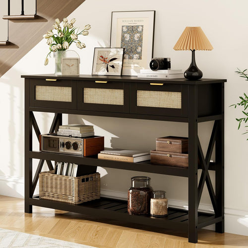 47.2" Modern Console Table with 3 Rattan Drawers, Entryway Table with 3-Tier Storage Shelves, Narrow Long Sofa Table for Entryway, Hallway, Foyer and Living Room, Black
