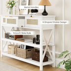 47.2" Modern Console Table with 3 Rattan Drawers, Entryway Table with 3-Tier Storage Shelves, Narrow Long Sofa Table for Entryway, Hallway, Foyer and Living Room, White