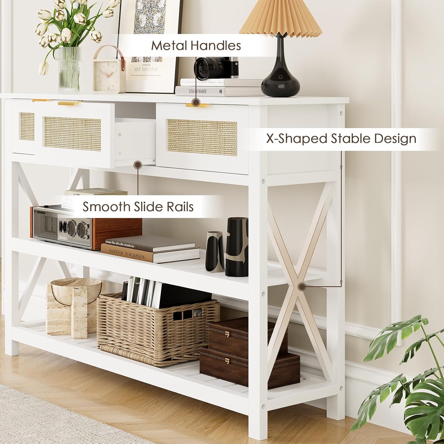 47.2" Modern Console Table with 3 Rattan Drawers, Entryway Table with 3-Tier Storage Shelves, Narrow Long Sofa Table for Entryway, Hallway, Foyer and Living Room, White