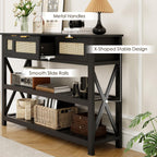 47.2" Modern Console Table with 3 Rattan Drawers, Entryway Table with 3-Tier Storage Shelves, Narrow Long Sofa Table for Entryway, Hallway, Foyer and Living Room, Black