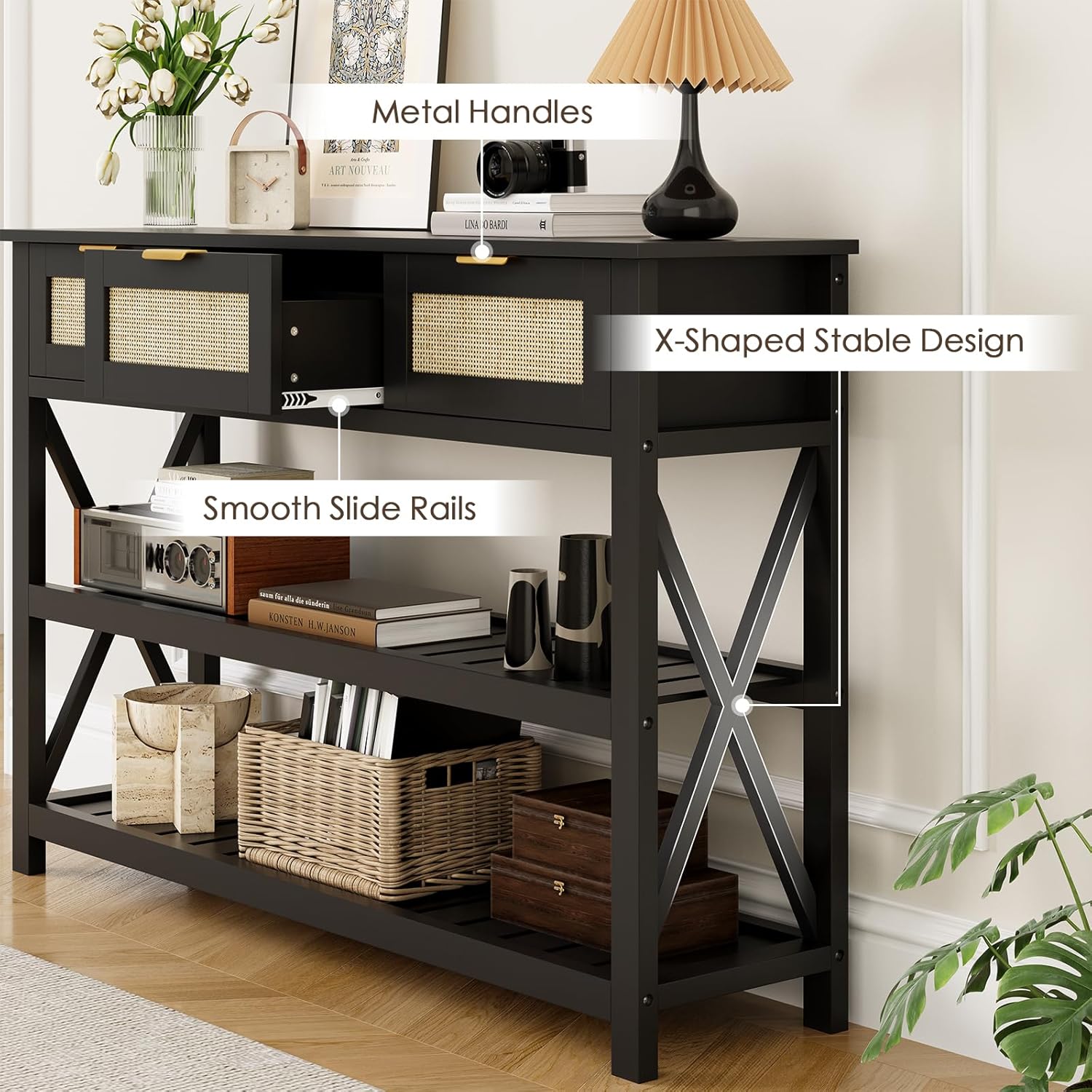 47.2" Modern Console Table with 3 Rattan Drawers, Entryway Table with 3-Tier Storage Shelves, Narrow Long Sofa Table for Entryway, Hallway, Foyer and Living Room, Black