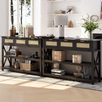 47.2" Modern Console Table with 3 Rattan Drawers, Entryway Table with 3-Tier Storage Shelves, Narrow Long Sofa Table for Entryway, Hallway, Foyer and Living Room, Black