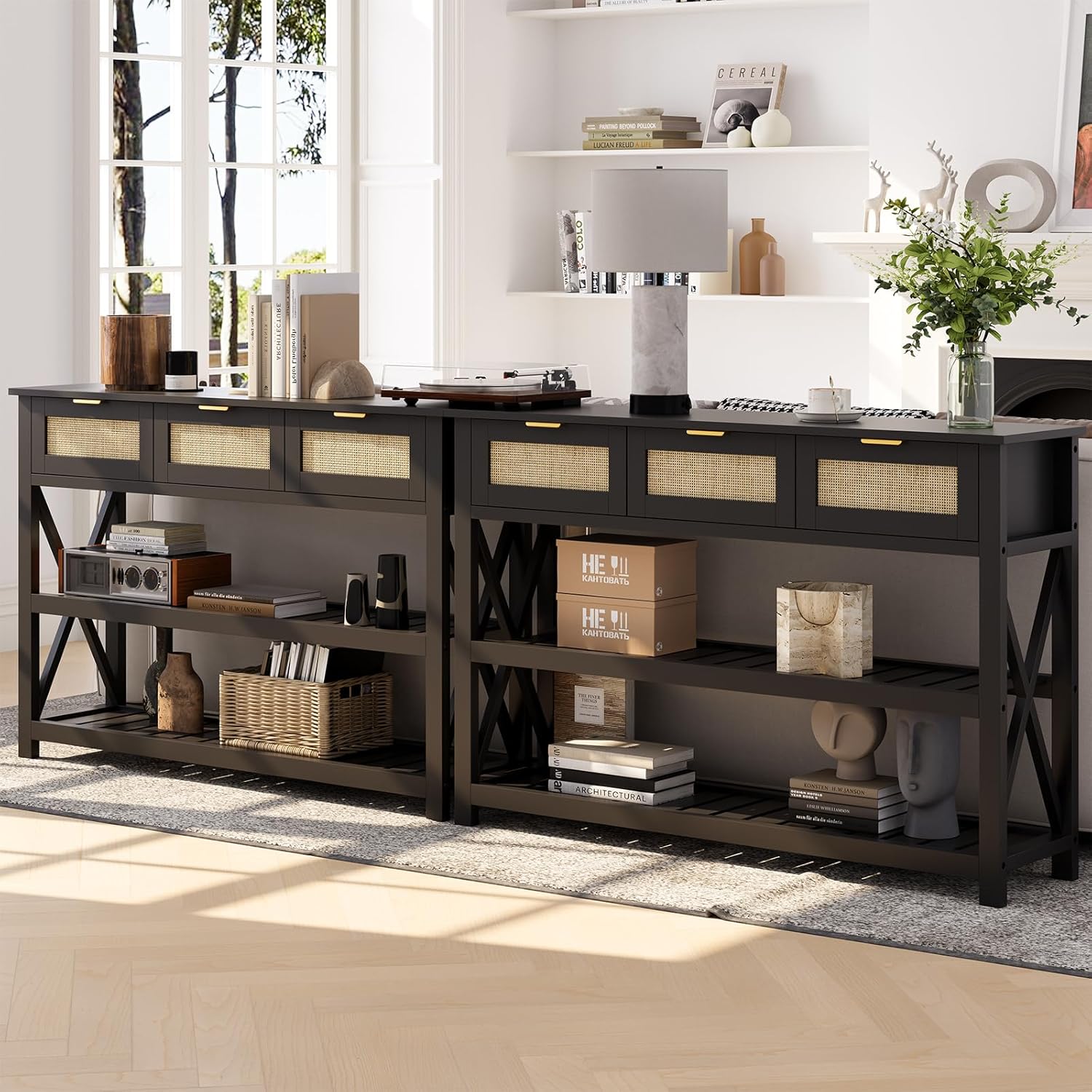 47.2" Modern Console Table with 3 Rattan Drawers, Entryway Table with 3-Tier Storage Shelves, Narrow Long Sofa Table for Entryway, Hallway, Foyer and Living Room, Black