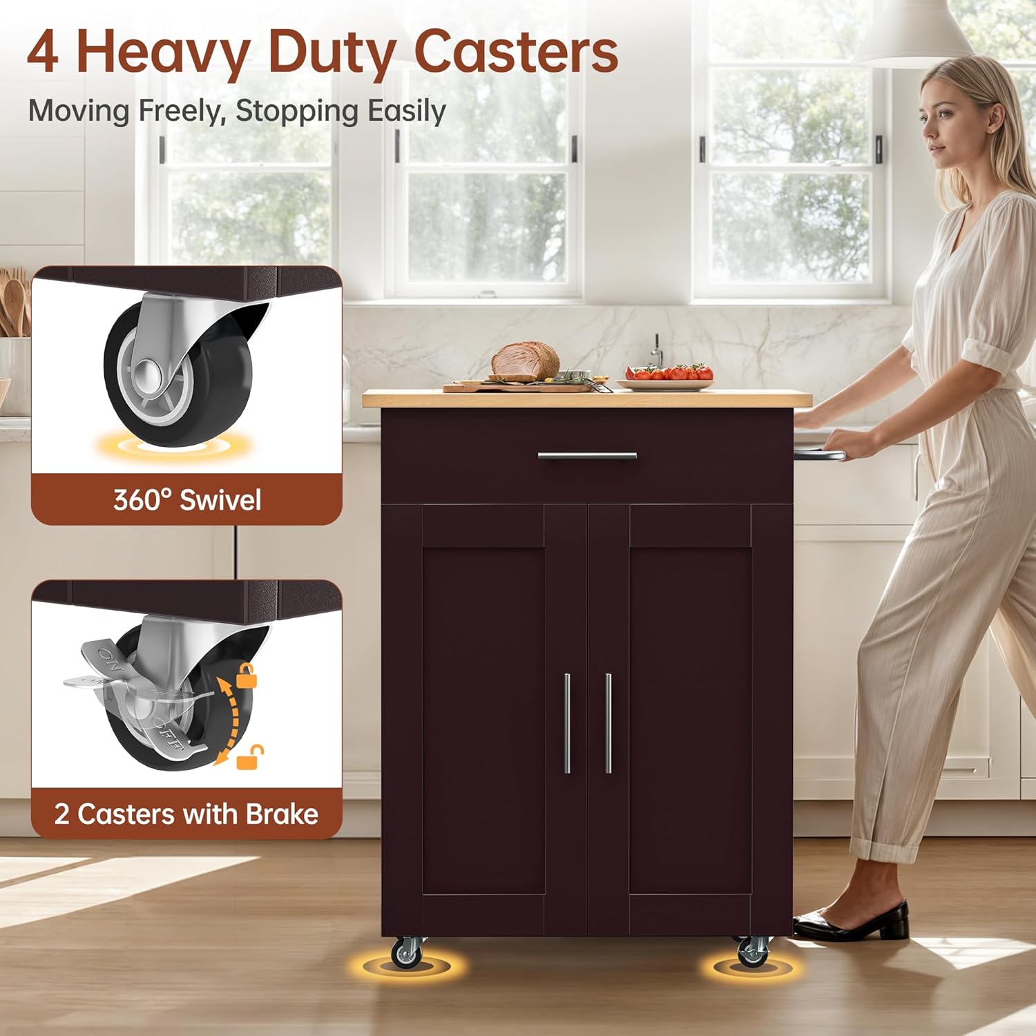 Kitchen Island Cart with Storage, Small Kitchen Island on Wheels with Large Drawer, Adjustable Shelf & Towel Rack, Rolling Island Table for Kitchen & Dining Room, Dark Coffee