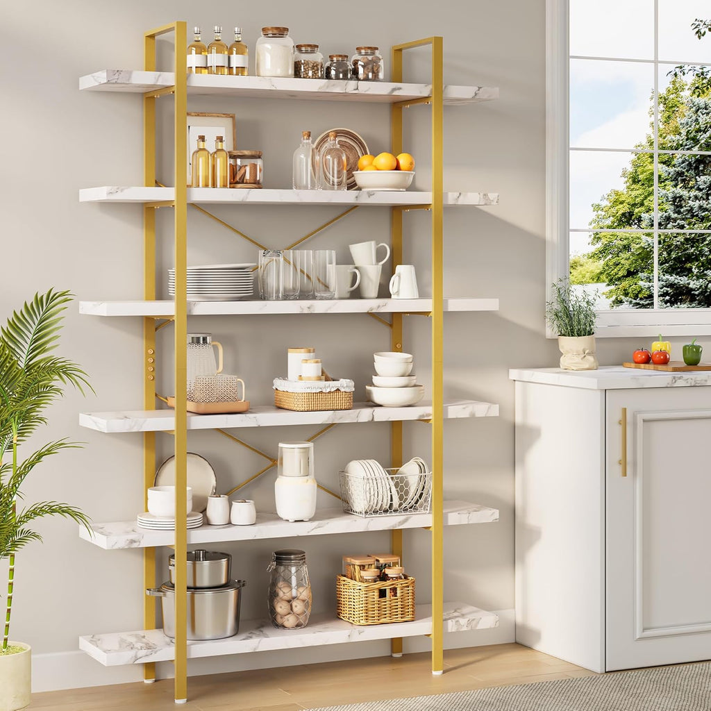 Heavy Duty 6-Tier Industrial Bookcase, 47" Wide Wood Bookshelf for Home Office, 120lbs Shelf Capacity, Open Shelving Display with Reinforced Horizontal Shelf for Living Room Bedroom, White