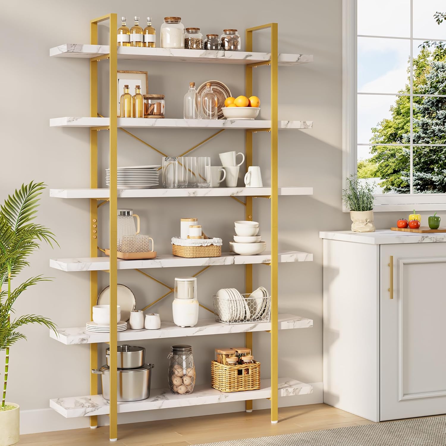 Heavy Duty 6-Tier Industrial Bookcase, 47" Wide Wood Bookshelf for Home Office, 120lbs Shelf Capacity, Open Shelving Display with Reinforced Horizontal Shelf for Living Room Bedroom, White