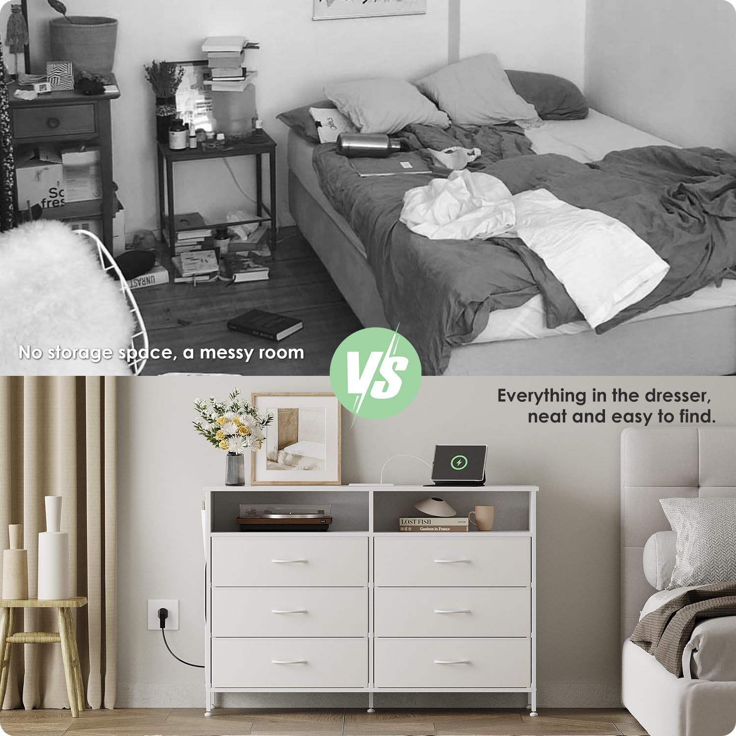 6 Drawer Dresser for Bedroom with LED Lights and Charging Station, Modern Wood Dressers with Extra Side Bag, Double Wide Drawer Cabinet TV Stand for up to 60" TV for Living Room (White)