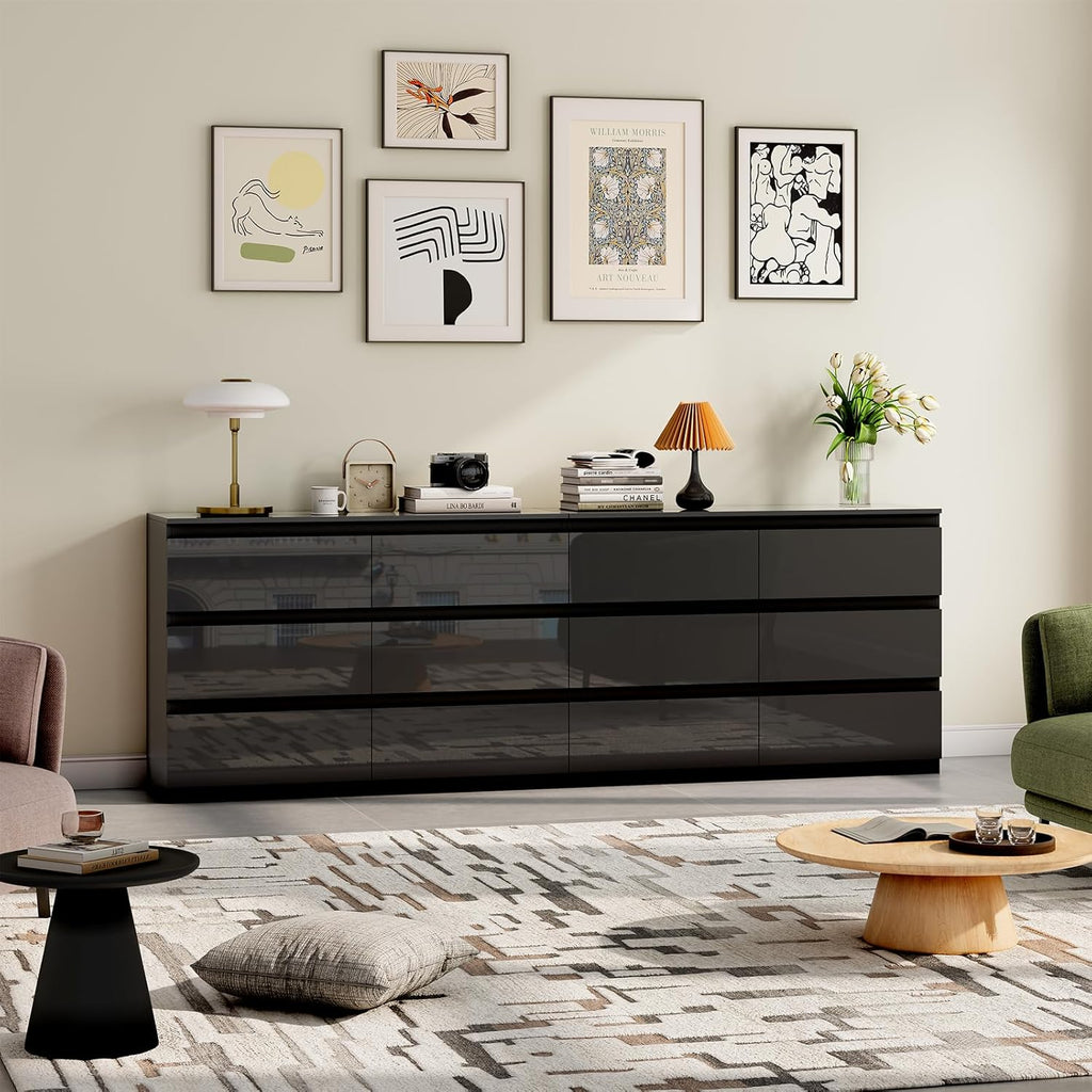 Black Wood Dresser for Bedroom, 6 Drawer Dressers for Clothes Storage, Modern Dresser with Wide Drawers, Wide Wooden Chest Drawers for Living Room, Entryway, TV Stand(47" W x15.4 Dx32.3 H)