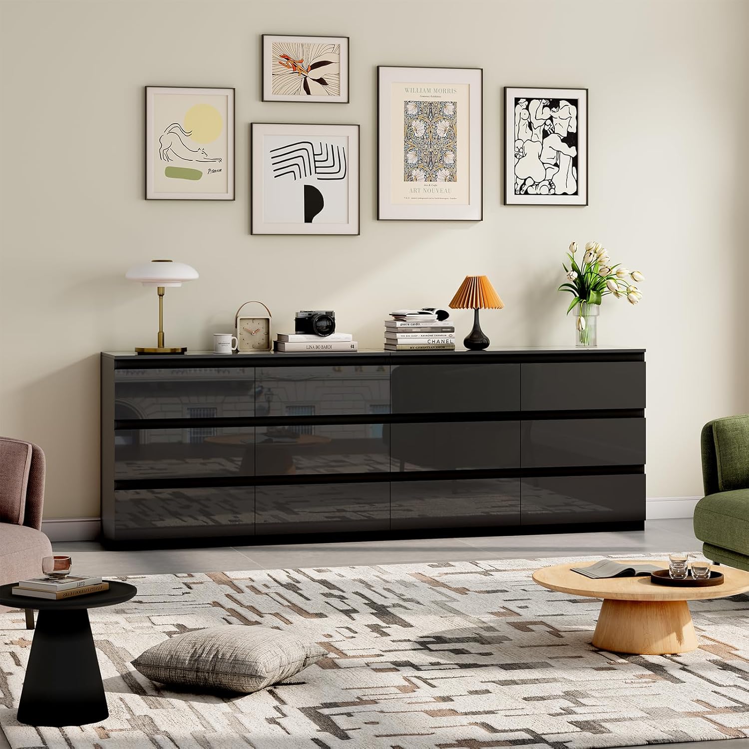 Black Wood Dresser for Bedroom, 6 Drawer Dressers for Clothes Storage, Modern Dresser with Wide Drawers, Wide Wooden Chest Drawers for Living Room, Entryway, TV Stand(47" W x15.4 Dx32.3 H)