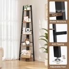 5-Tier Corner Shelf with LED Light, 70 Inch Display Shelf for Living Room, Bedroom, Bookshelf, Industrial Shelf, Plant Shelf (Rustic Brown, Ladder Corner Shelf)