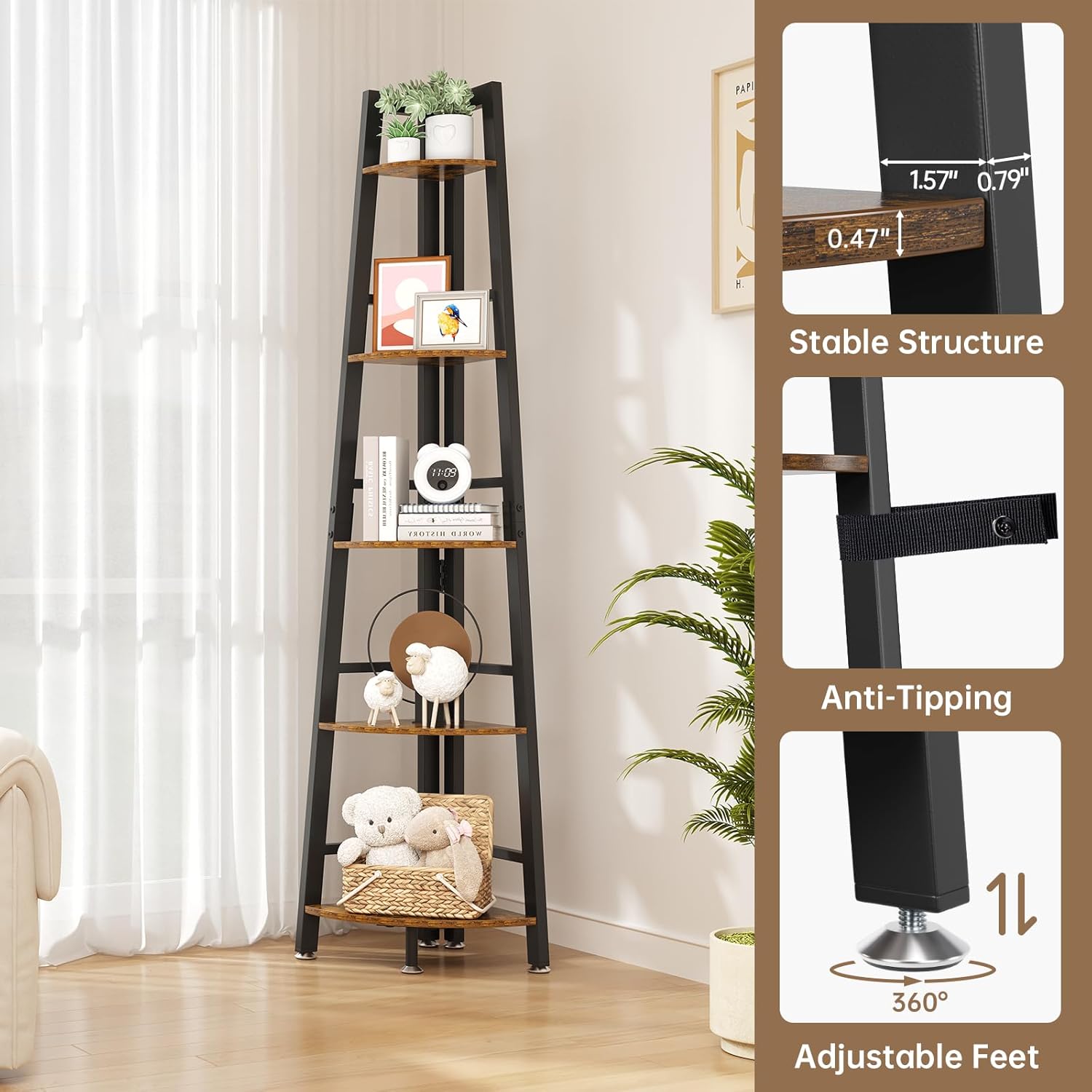 5-Tier Corner Shelf with LED Light, 70 Inch Display Shelf for Living Room, Bedroom, Bookshelf, Industrial Shelf, Plant Shelf (Rustic Brown, Ladder Corner Shelf)