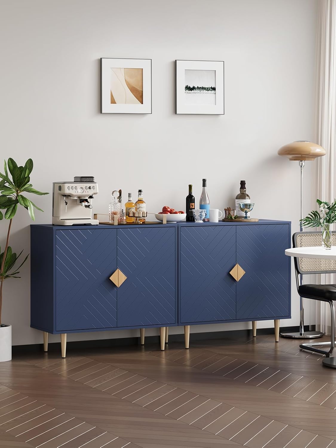 Sideboard Cabinet, 63'' Modern Buffet Cabinet with Storage Set of 2, Credenza with 4 Doors and Adjustable Shelves, Sideboard for Living Room, Kitchen and Entryway, Blue