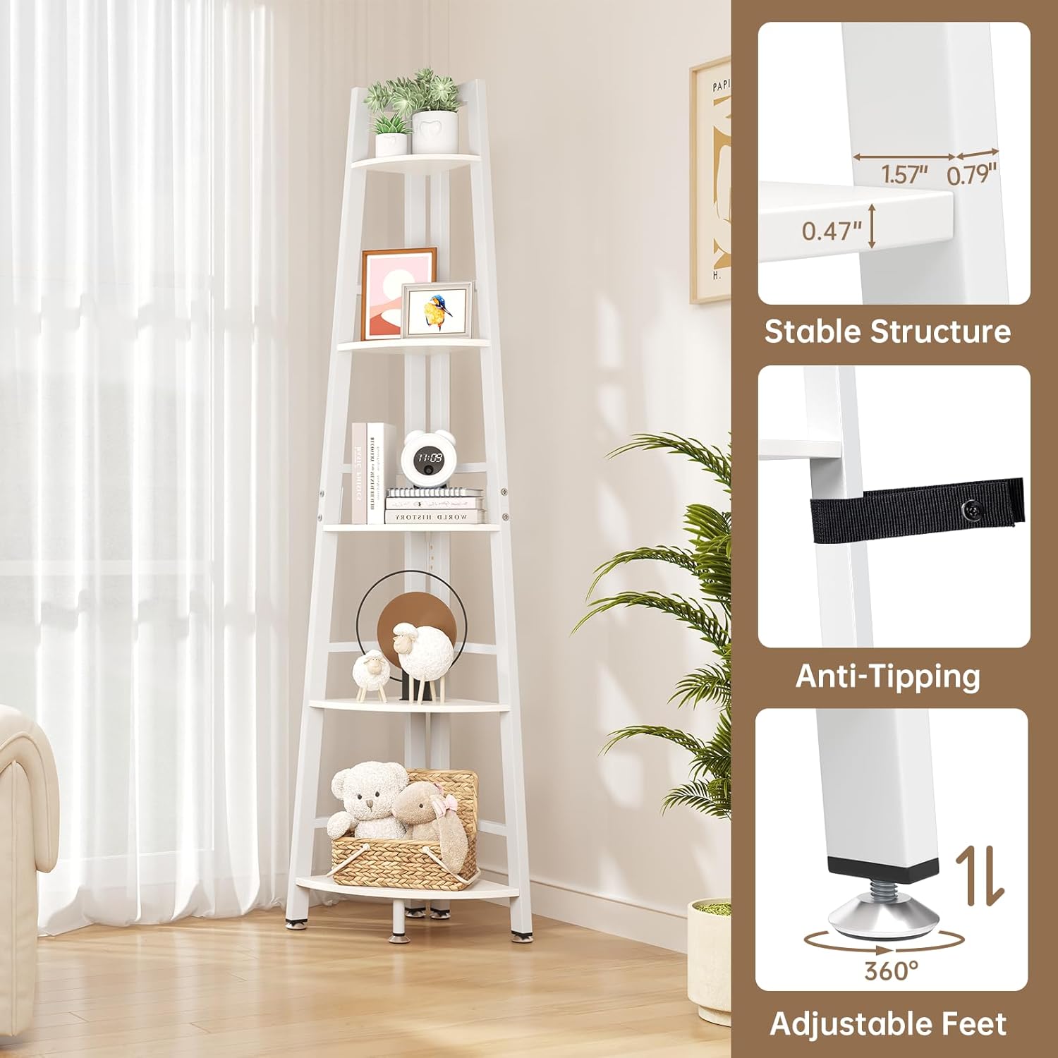 5-Tier Corner Shelf with LED Light, 70 Inch Display Shelf for Living Room, Bedroom, Bookshelf, Industrial Shelf, Plant Shelf (White, Ladder Corner Shelf)