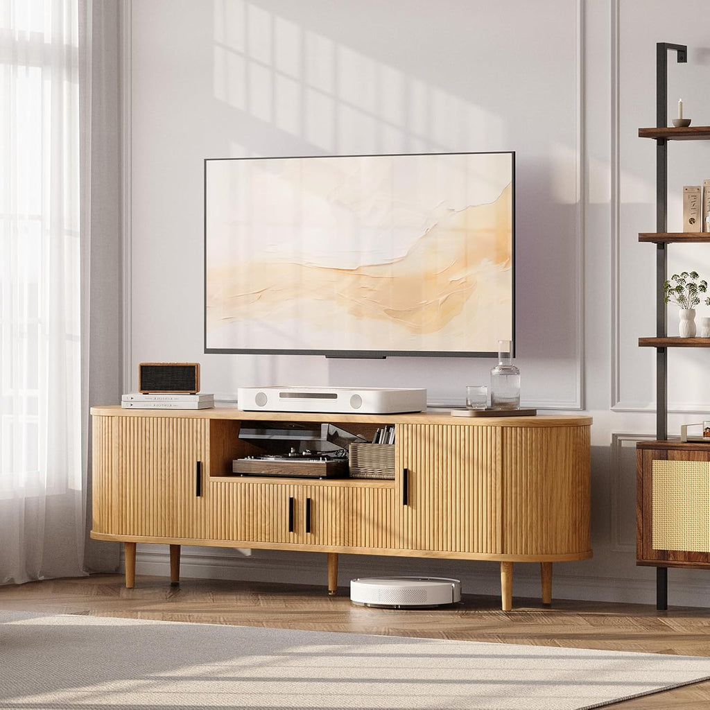 70" Fluted TV Stand, Mid Century Modern TV Stand for TVs up to 80", Entertainment Center with Storage, Adjustable Shelves, Wood Media Console for Living Room, Bedroom, Natural