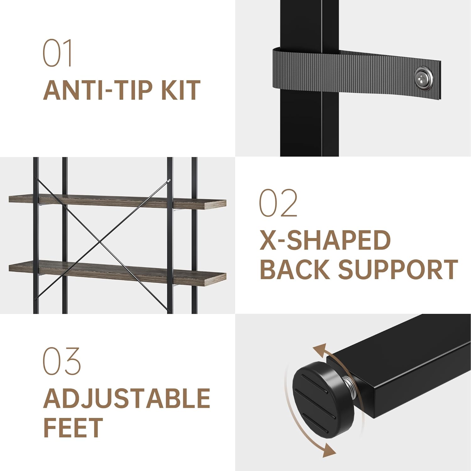 Heavy Duty 6-Tier Industrial Bookcase, 47" Wide Wood Bookshelf for Home Office, 120lbs Shelf Capacity, Rustic Open Shelving Display with Reinforced Horizontal Shelf for Living Room Bedroom, Grey