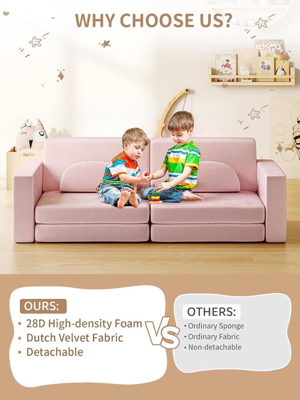 Modular Kids Play Couch, 10PCS Nugget Couch Kids for Boys and Girls, Child Sectional Sofa Versatile Kid Sofa for Playroom, Bedroom, Classroom, Pink