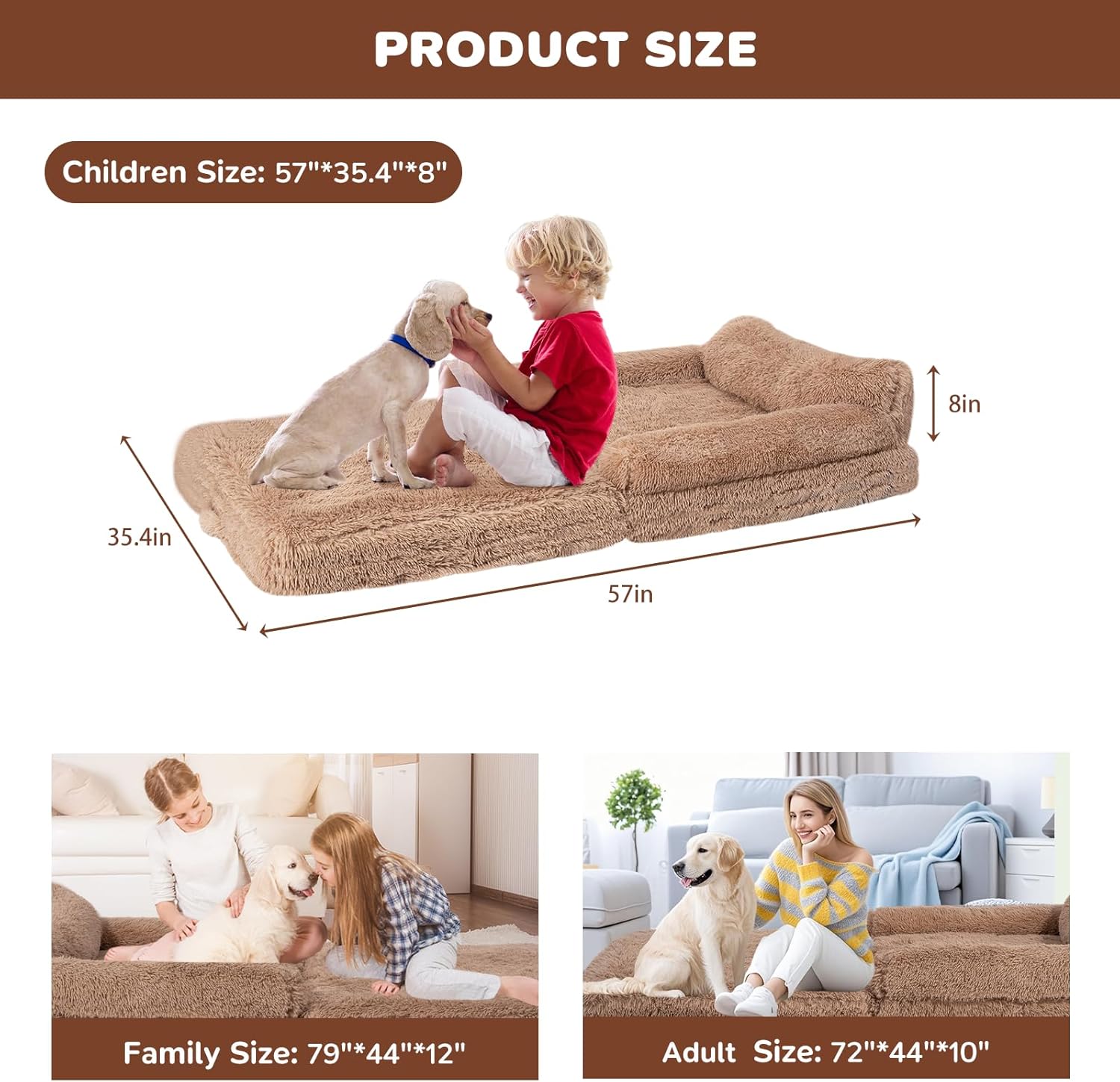 57" Foldable Human Dog Bed for Kids, Fluffy Faux Fur, Orthopedic Washable Dog Bed with Memory Foam and Water Repellent Liner Thick for Pet Installation Free (Brown)