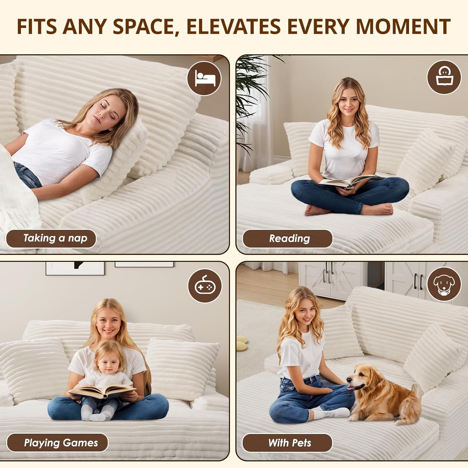 Oversized Chaise Lounge Chair, 57.5'' Deep Seat with 6'' Thick Cushion, Upholstered Sleeper Sofa with Pillows, Comfy Lounge Chair for Tall Adults, Living Room or Bedroom(White)