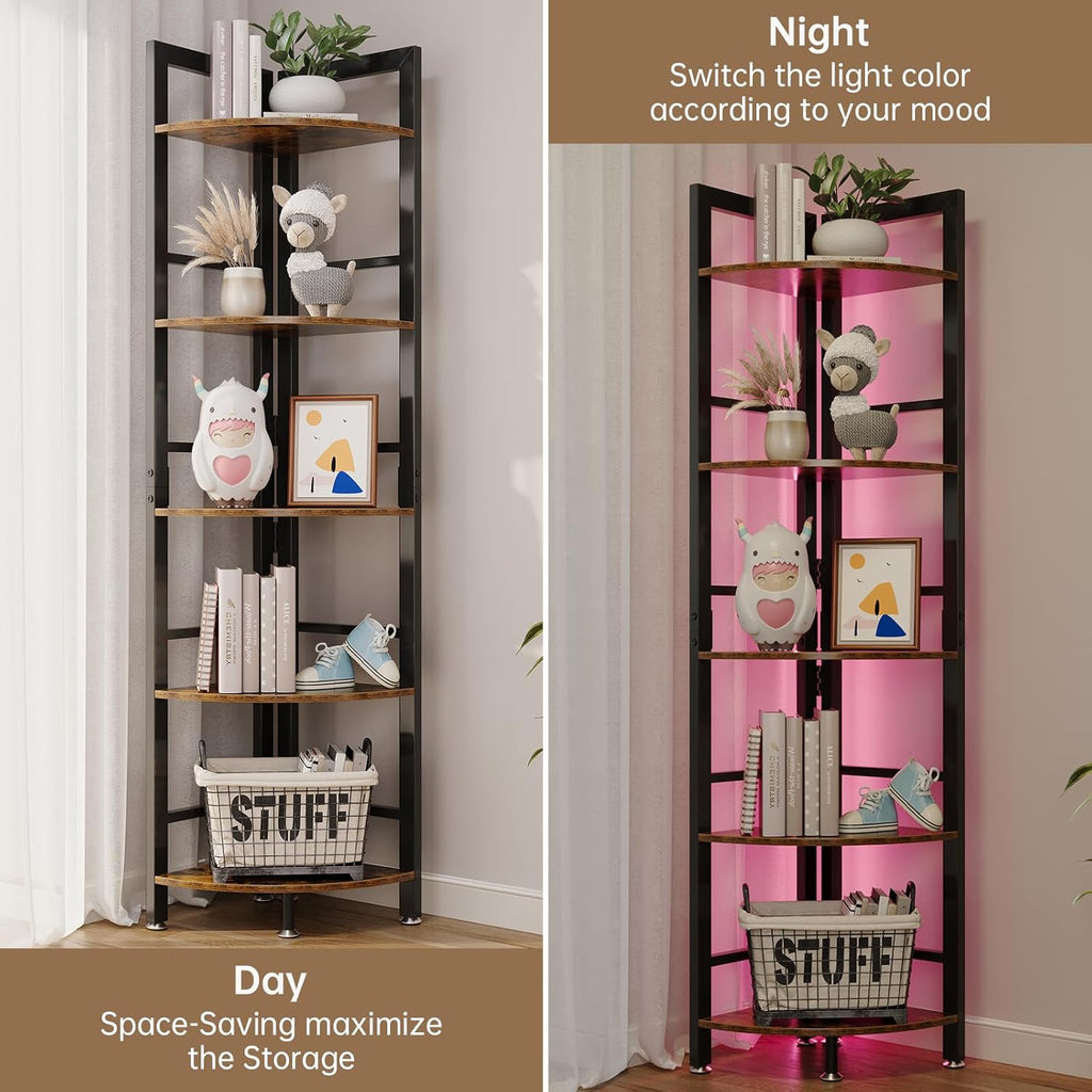 5-Tier Corner Shelf Stand with LED Light, 70 Inch Tall Display Shelf for Living Room, Bedroom, Bookshelf, Industrial Shelf with Steel Frame, Plant Shelf (Brown)