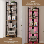 5-Tier Corner Shelf Stand with LED Light, 70 Inch Tall Display Shelf for Living Room, Bedroom, Bookshelf, Industrial Shelf with Steel Frame, Plant Shelf (Brown)