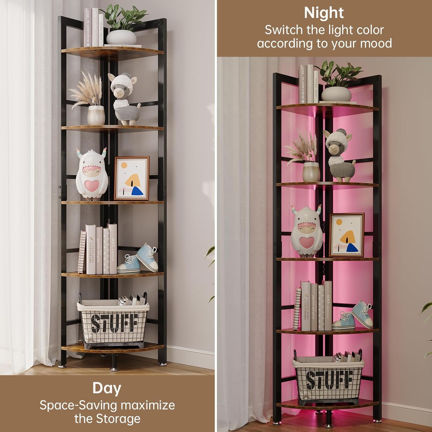 5-Tier Corner Shelf Stand with LED Light, 70 Inch Tall Display Shelf for Living Room, Bedroom, Bookshelf, Industrial Shelf with Steel Frame, Plant Shelf (Brown)