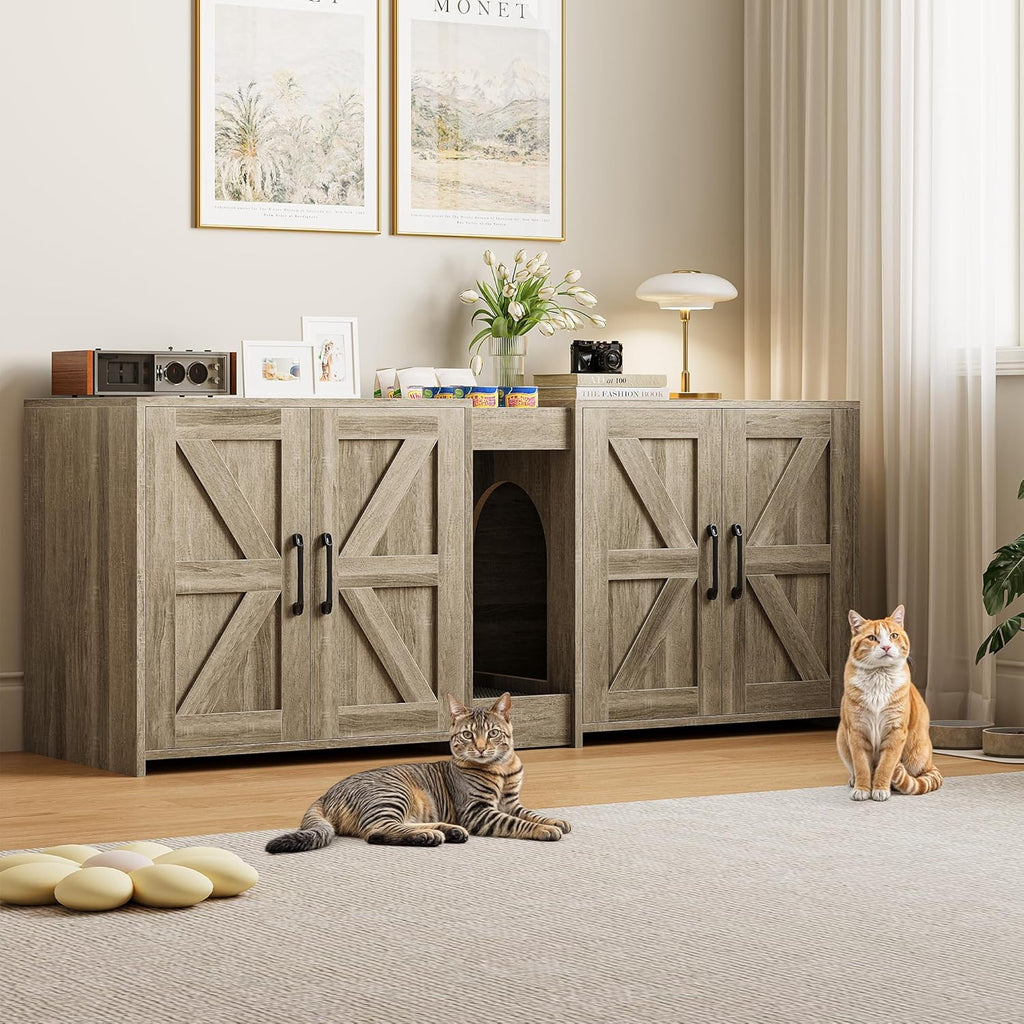 Litter Box Enclosure for 2 Cats, Hidden Litter Box Furniture with Double Rooms, Cat Bed, PVC Pad and Scratch Pad, Grey