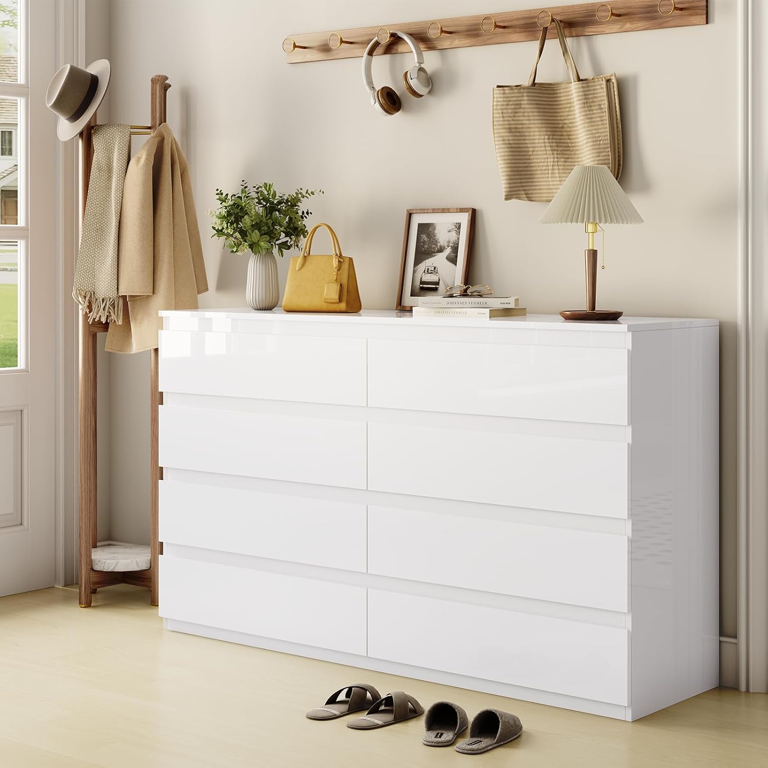 White Wood Dresser for Bedroom, 8 Drawer Dressers for Clothes Storage, Modern Dresser with Wide Drawers, Wide Wooden Chest Drawers for Living Room, Entryway, TV Stand(55" W x15.4 Dx32.3 H)