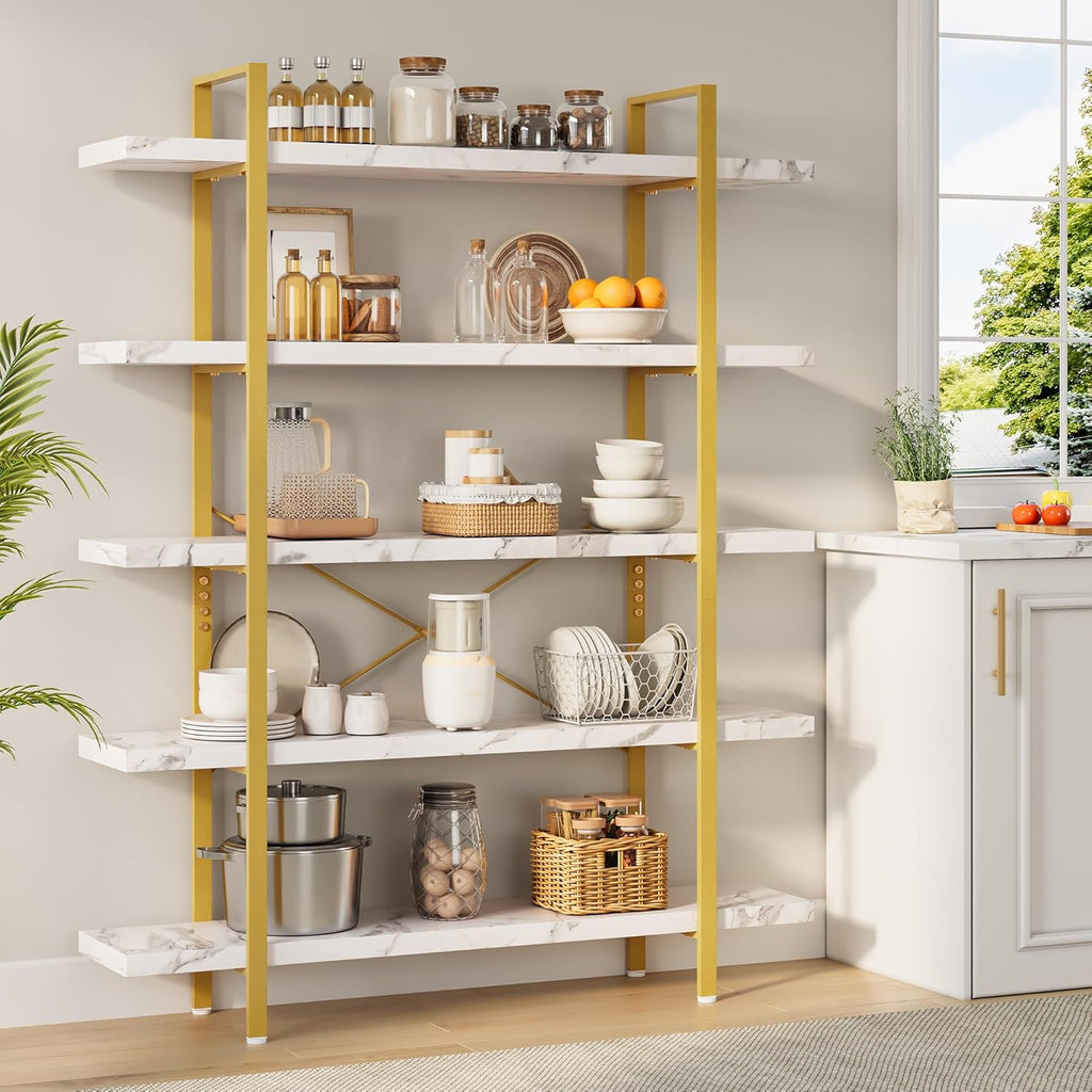 Heavy Duty 5-Tier Industrial Bookcase, 47" Wide Wood Bookshelf for Home Office, 120lbs Shelf Capacity, Shelving Display with Reinforced Horizontal Shelf for Living Room Bedroom,White