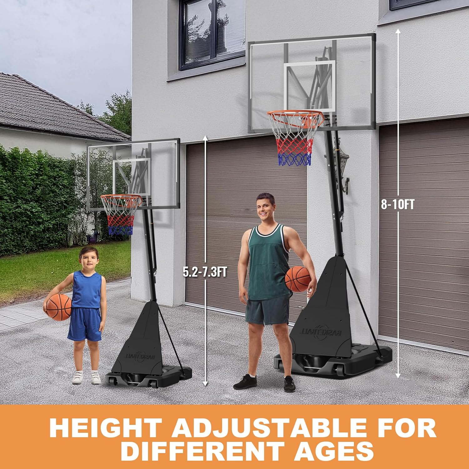 44 Inch Basketball Hoop, 5-10FT Height Adjustable Basketball Hoop Goal System with Shatterproof Backboard and Wheels, Outdoor Portable Basketball Goals for Backyard, Garage, Park (Hand Crank)