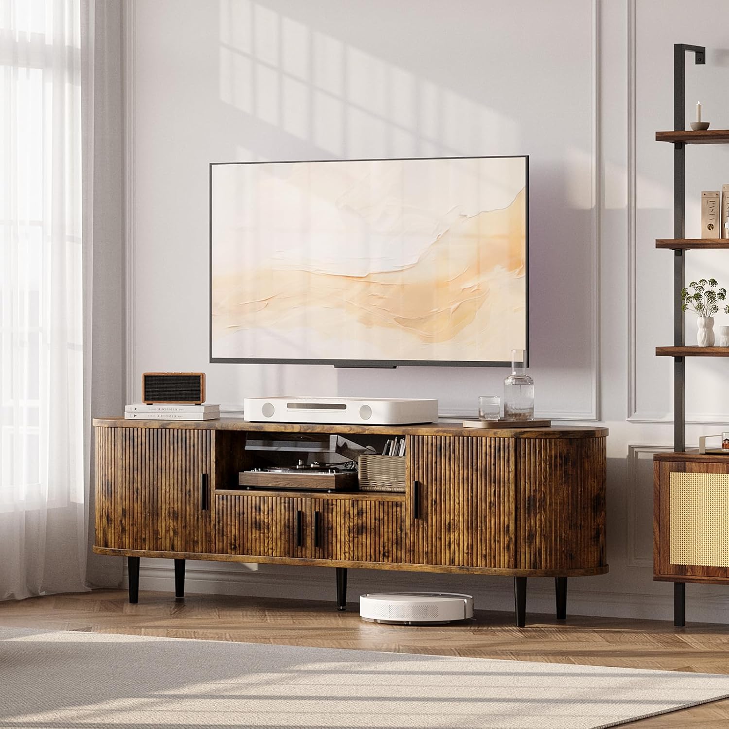 70" Fluted TV Stand, Mid Century Modern TV Stand for TVs up to 80", Entertainment Center with Storage, Adjustable Shelves, Wood Media Console for Living Room, Bedroom,Rustic Brown