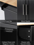 Kitchen Island with Storage, 31.5" D Rolling Kitchen Cart on Wheels with Widen Drop Leaf Rubberwood Top, Large Mobile Kitchen Island with Trash Can Storage and Towel Bar, Black