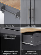 Kitchen Island with Storage, 31.5" D Rolling Kitchen Cart on Wheels with Widen Drop Leaf Rubberwood Top, Large Mobile Kitchen Island with Trash Can Storage and Towel Bar, Grey
