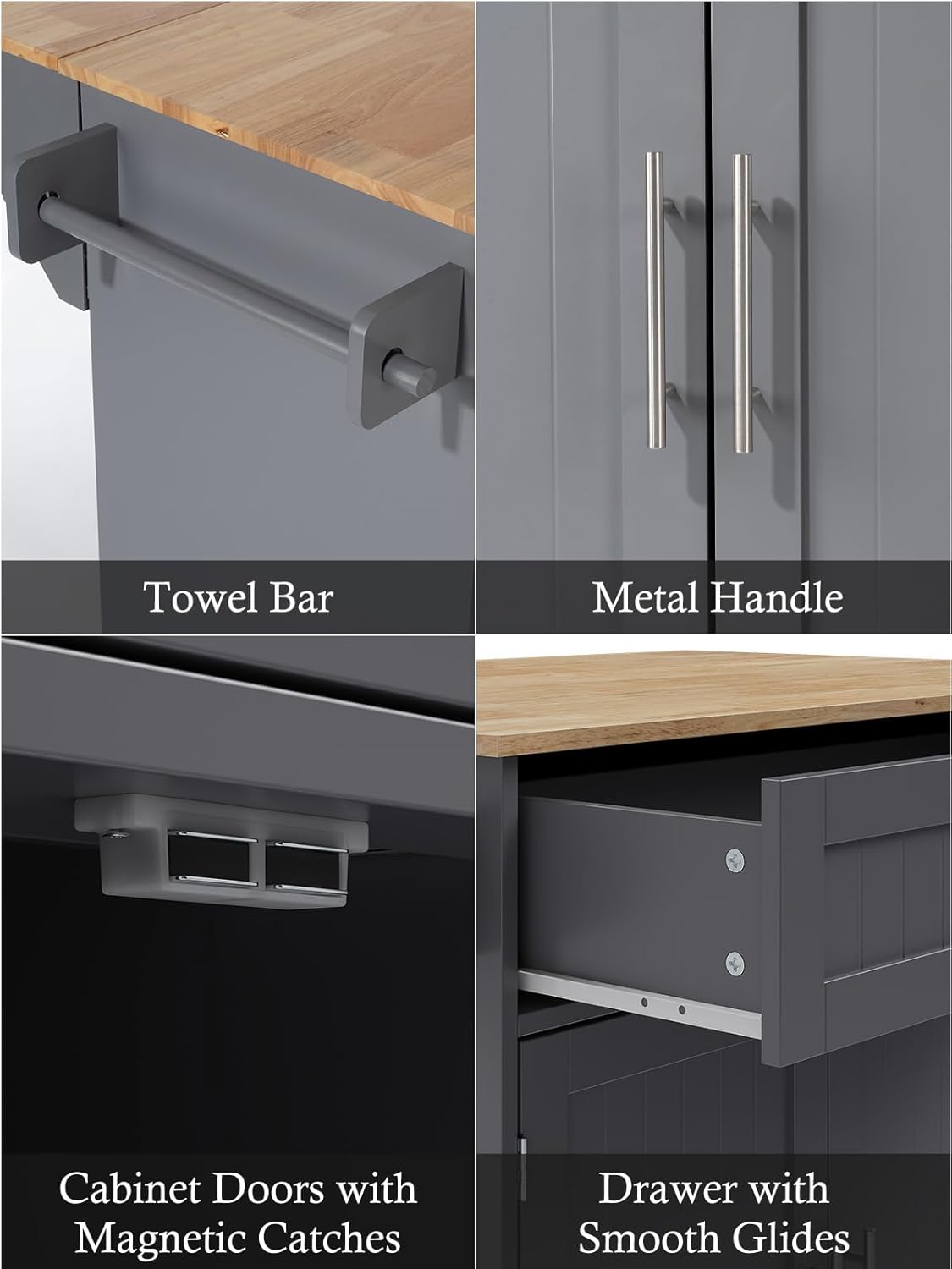 Kitchen Island with Storage, 31.5" D Rolling Kitchen Cart on Wheels with Widen Drop Leaf Rubberwood Top, Large Mobile Kitchen Island with Trash Can Storage and Towel Bar, Grey