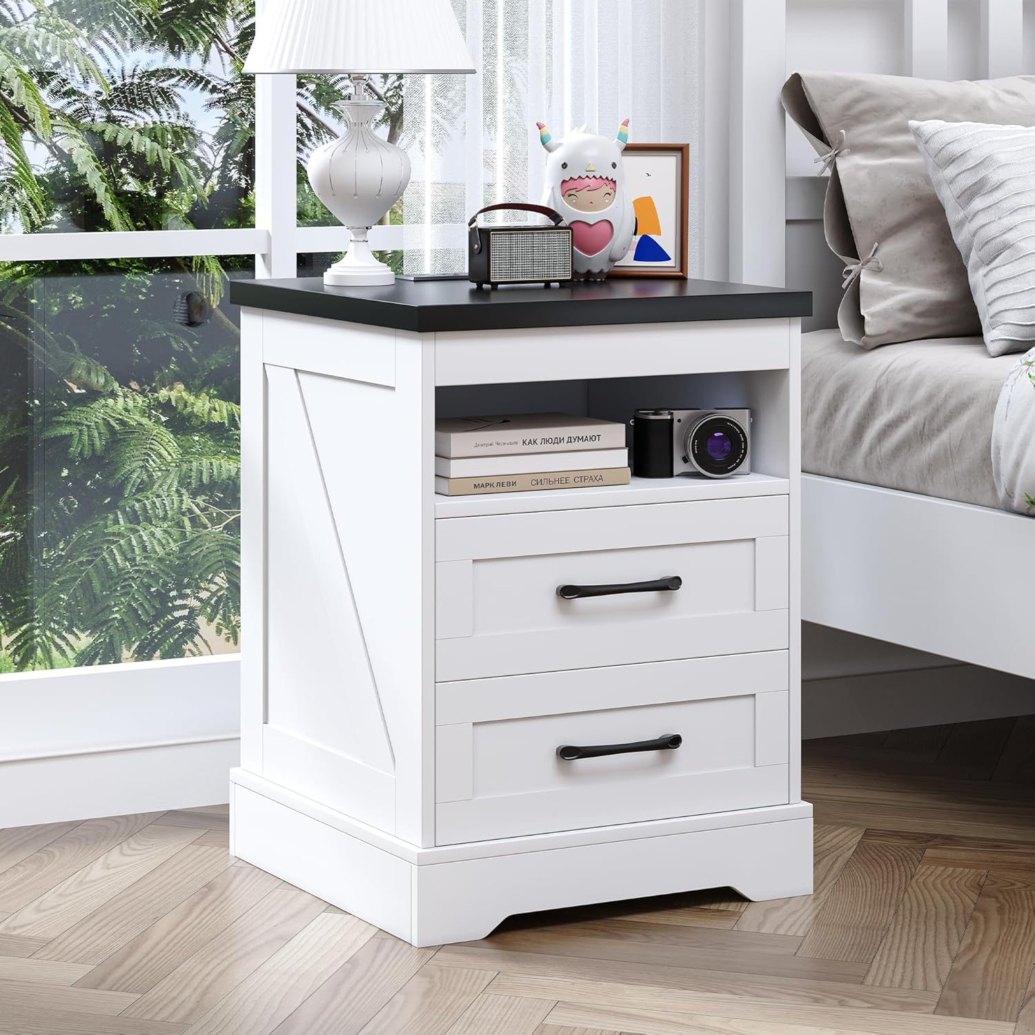 Farmhouse Nightstand with LED Lights and Built-in Power Outlets & USB Ports, Bedside Table with 2 Drawers and Open Storage Shelf, End Table for Bedroom, White