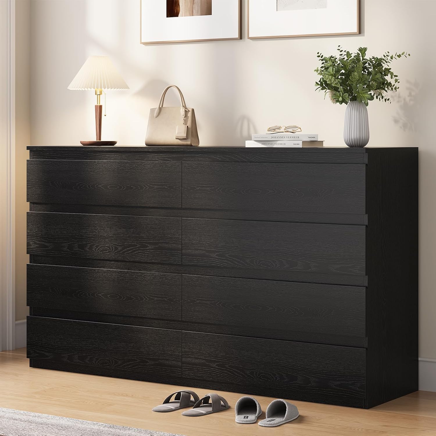 Black Wood Dresser for Bedroom, 8 Drawer Dressers for Clothes Storage, Modern Dresser with Wide Drawers, Wide Wooden Chest Drawers for Living Room|Entryway|TV Stand(55" W x15.4 Dx32.3 H)
